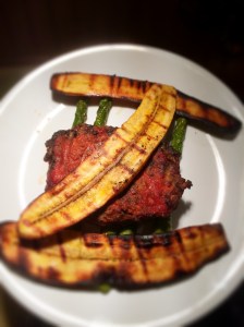 My grilled meatloaf, grilled plantains, and pan fried asparagus.