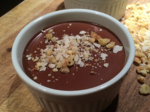 My chocolate Avocado Mousse, garnished with coconut and walnuts.