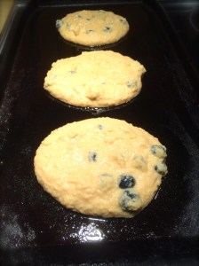 Ensure you spray the tops of your pancake batter with coconut oil spray so that the blueberries do not stick to your griddle when you flip them!